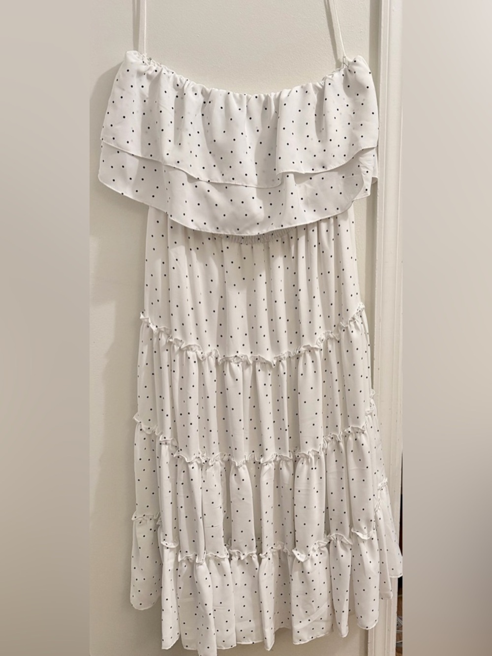 1. State White Polka Dot Strapless Tiered Sundress